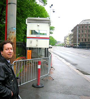 [ 
Police hut outside the U.S. embassy ]